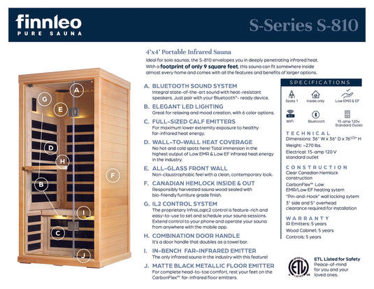 S-810 Series 1-Person Low EMR/Low EF Infrared Sauna