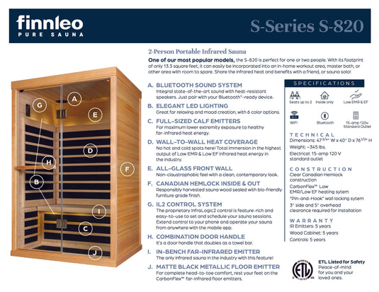 S-820 Series 2-Person Low EMR/Low EF Infrared Sauna