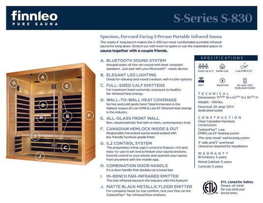 S-830 Series 3-Person Low EMR/Low EF Infrared Sauna