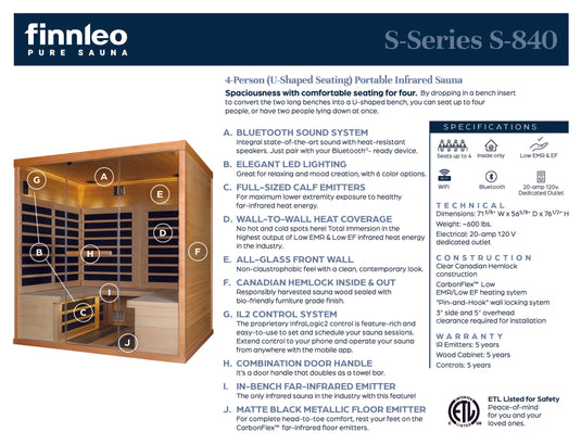 S-840 Series 4-Person Low EMR/Low EF Infrared Sauna