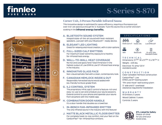 S-870 Series 3-Person Low EMR/Low EF Infrared Sauna