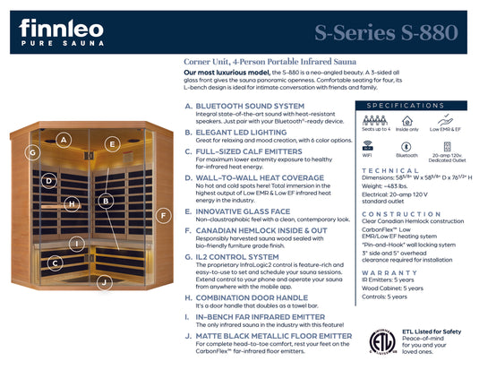 S-880 Series 4-Person Low EMR/Low EF Infrared Sauna